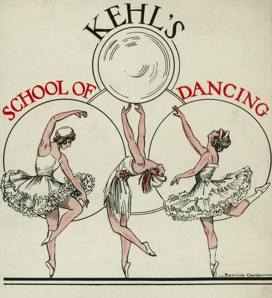 Promotional piece for the Kehl School of Dance 100th anniversary, showing three ballet dancers.  The artwork was originally used by F.W. and Leo Kehl in early dance programs of the school.