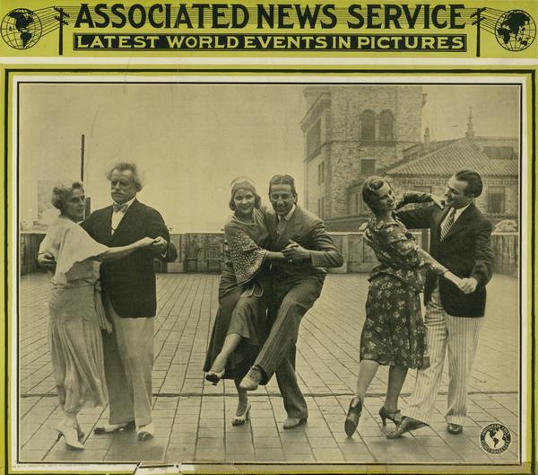 Advertising piece from a New York convention of the Dancing Masters of America. Featured are DM of A master faculty: Judith Ann Sproule and F.W. Kehl (waltz, on the left) and Leo T. Kehl and Elizabeth Wheeler (fox trot, on right). In the center is possibly Velos and Yolanda (swing). DM of A conventions were an opportunity for professional dancers to acquaint themselves with the latest social dances.  The two Kehls were from the Kehl School of Dance in Madison, Wisconsin.