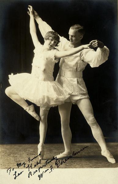 William F. Christensen, one of the famous Christensen brothers, and his professional pupil, Mignon Lee, in a ballet pose.  The print is inscribed to "My friend, Leo Kehl."