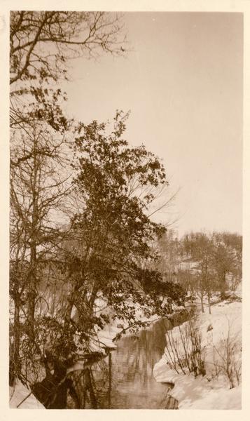 Winter scene with stream and snow-covered trees, probably near Taliesin, the home of Frank Lloyd Wright.  Wright dammed the stream to supply water to Taliesin. Taliesin is located in the vicinity of Spring Green, Wisconsin.