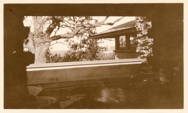 View from the loggia between the workspace and the living room at Taliesin looking towards the northwest corner of the living room. Taliesin was the home of Frank Lloyd Wright. Taliesin is located in the vicinity of Spring Green, Wisconsin.