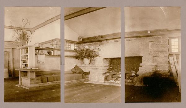 Triptych of the living room fireplace at Taliesin, the home of Frank Lloyd Wright. A built-in bookshelf and bench are to the left of the fireplace. The triptych was created from three images made by Taylor Woolley. Taliesin is located in the vicinity of Spring Green, Wisconsin.
