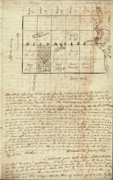 Letter from Thomas Steel, Waukesha County physician and farmer, to his father, James Steel, in London, England. It includes a hand-drawn map of Milwaukee County.