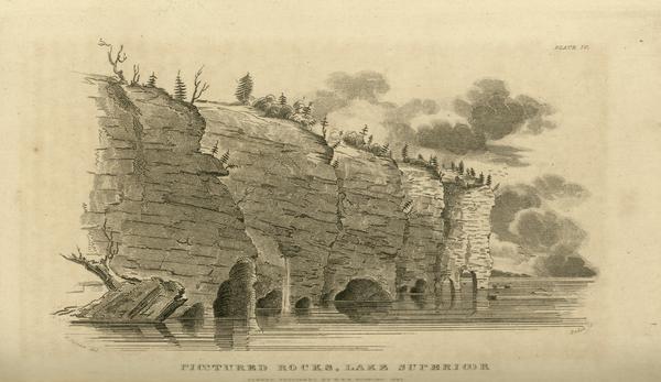 Engraving of the Pictured Rocks shoreline viewed from Lake Superior.