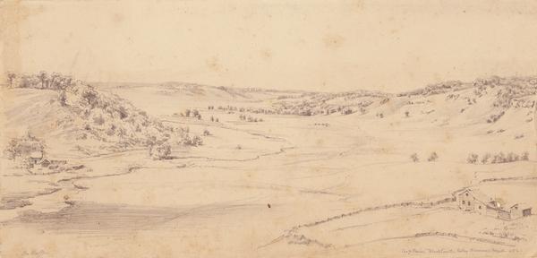 Pencil drawing of Black Earth Valley. Gentle lightly tree-covered hills frame the center grassy valley. Two farmhouses are sitting at the base of hills on either side of the drawing.