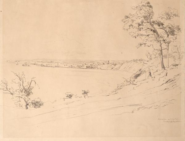 Pencil drawing of a lake shoreline. A few trees frame the arc of the shore and steamboats are visible along the distant shore.