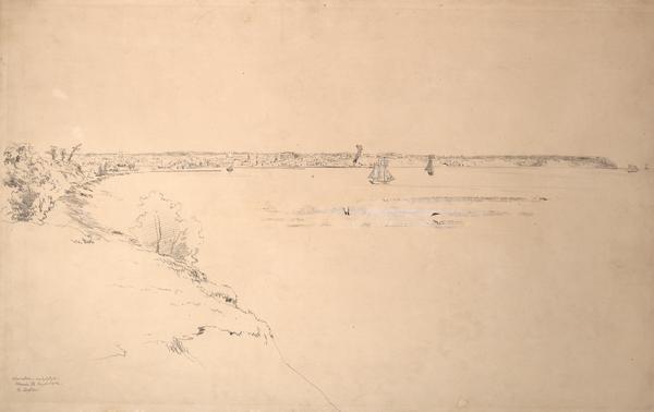 Pencil drawing of Milwaukee Harbor with large sailboats on the water. In the minimalist depiction the sandy shoreline with short plant growth sweeps around the central water.