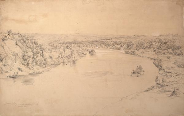 Landscape view of the river looking downstream from Fort Snelling, Minnesota Territory. An expanse of placid river water fills the center of the drawing and rolling lightly-wooded hillsides rise on either side of the water. On the left shore two groups of tipis are pitched and a small distant canoe starts into the river. White highlights accent the pencil drawing.