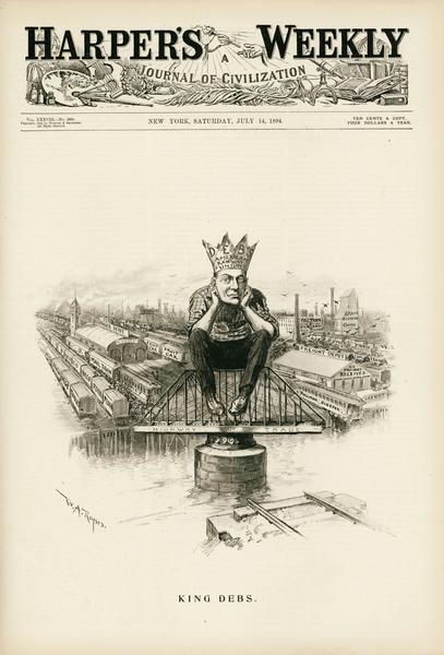 Cartoon depicting "King Debs" a man wearing a crown representing Debs American Railway Union, sitting atop the highway of trade.