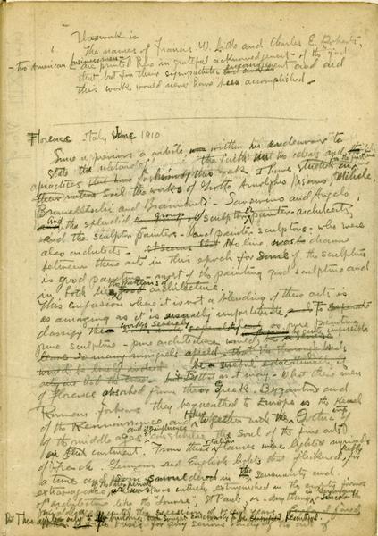 First page from the Wasmuth Portfolio, text written by Frank Lloyd Wright.  The manuscript, written by Wright in Italy, also includes more than forty sketches by Wright for plates which, along with writings by Wright, were published in Germany as a portfolio.