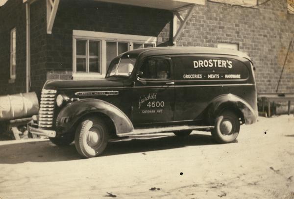 Droster's General Motors truck, used to deliver groceries, meats and hardware to their customers. The store was sold to Schubering, ca. 1950.