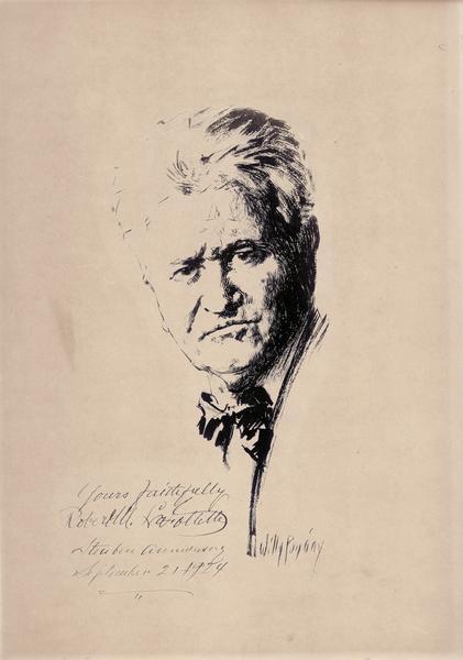 Pen sketch of Robert M. La Follette, Sr., by Willy Pogany in 1924. The original bears La Follette's signature.