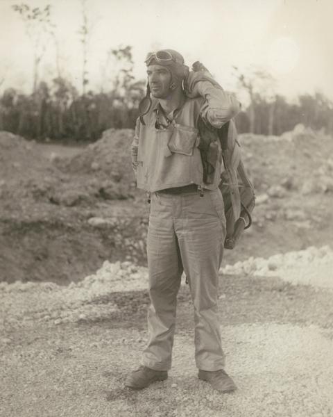 Joseph R. McCarthy posing in his Marine uniform. This full-length portrait was probably taken at the same time as the photograph which McCarthy used in his unsuccessful campaign for the Senate in 1944.