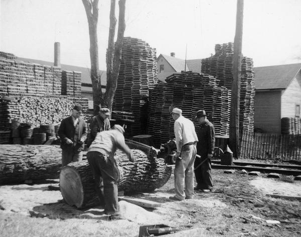 Five employees(l to r Joe Hess, Eddy Hess, Tony Hess, Frank "Foots" Hess Jr. and Frank Hess Sr.) of the Hess Cooperage, cut a large oak log to make headers for barrels.  Stacks of fresh cut heads and staves are drying in the background.