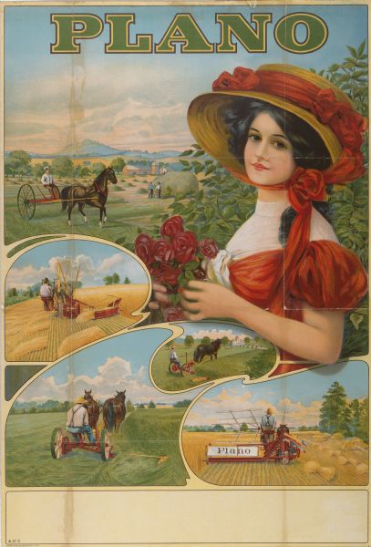 Advertising poster for International Harvester's Plano line of harvesting machinery showing a woman with a bouquet of red flowers and a fancy hat. Includes color illustrations of a reaper, mower, grain binder and dump rake (hay rake).