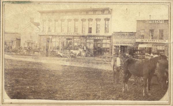 Southside view of the Monroe Courthouse Square with a horse in the foreground.