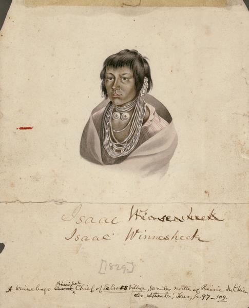 Watercolor miniature of Isaac Winnesheek, Winnebago (Ho-Chunk) Chief.  