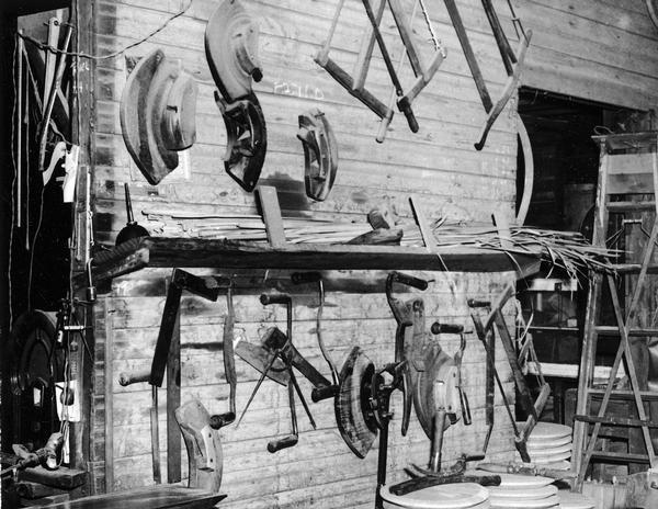 Barrel making tools and cattails, use for cauking barrels, at the Hess Cooperage.
