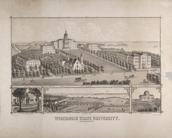 Bird's-eye view drawing of various buildings on the University of Wisconsin-Madison. Buildings include: Ladies Hall, South Dormitory, University Hall, Assembly Hall and Library, North Dormitory, Science Hall, Presidents Residence, University Farm and Washburn Observatory.