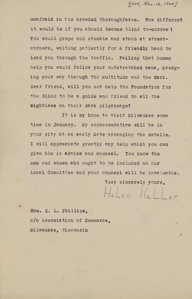 This is page two of a letter written to Governor Emanuel Philipp from Helen Keller. She asks for his assistance in helping establish an endowment fund for the American Foundation for the Blind.
