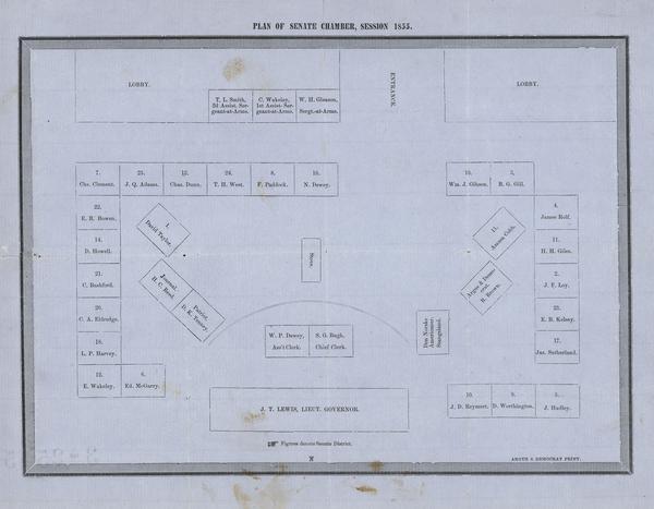 Plan of the Senate Chamber for the second Wisconsin State Capitol (the first in Madison), showing the seating arrangement.