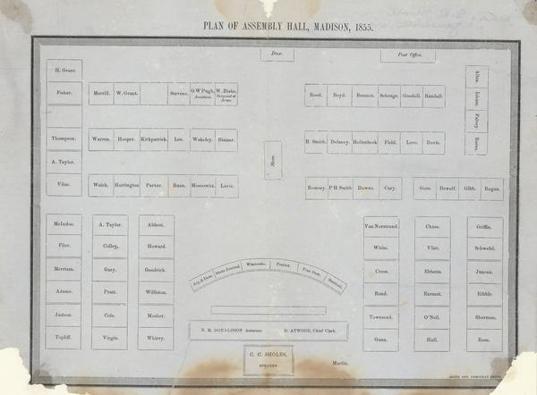 Plan of the Assembly Hall in the second Wisconsin State Capitol showing the seating arrangement.