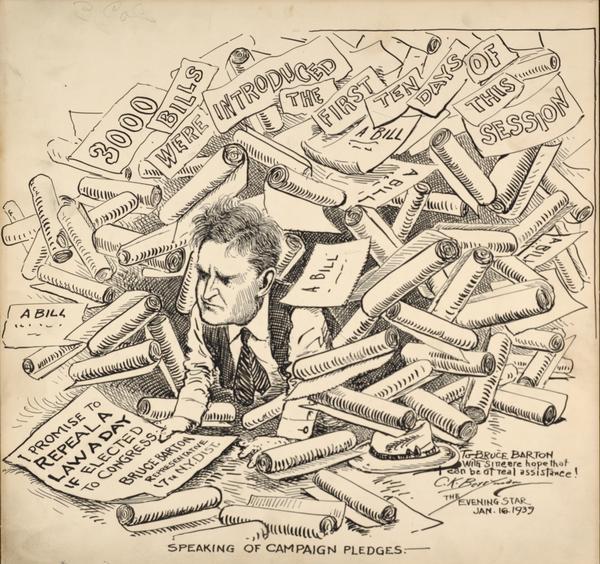 Political cartoon depicting Bruce Barton buried beneath campaign bills.