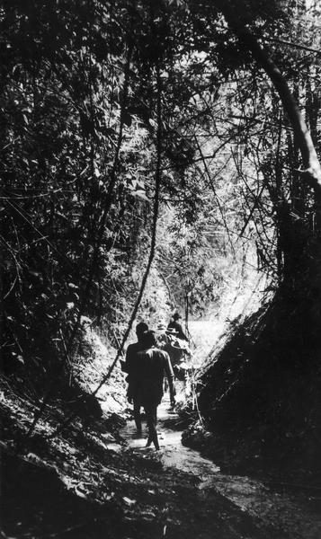 Personnel on the mortar fire mission move toward the site in New Man's Land from which they'll fire. Laos.