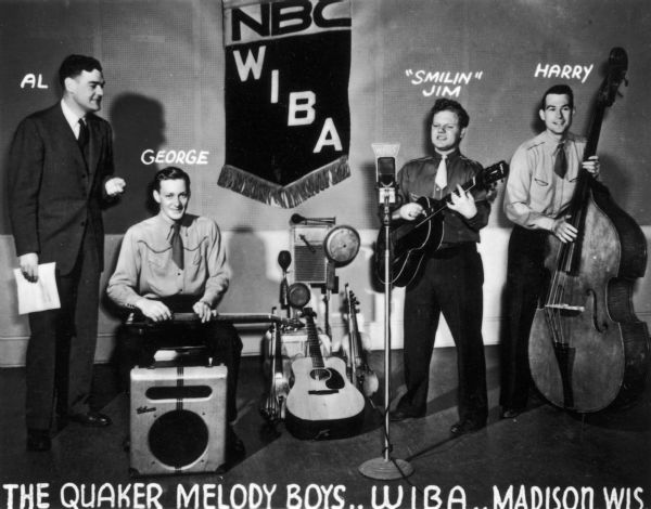 The Quaker Melody Boys on WIBA Radio.  (Left to right): Al Beaument, announcer, George Gilbertsen, Smilin' Jim McCloskey, and Harry Edwards.