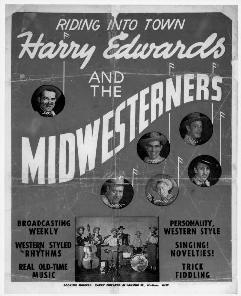 Advertising poster for the band Harry Edwards and the Midwesterners. Text includes "Riding Into Town".