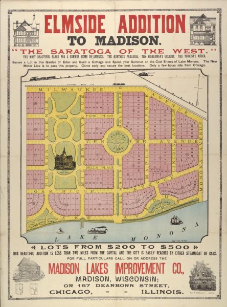 Poster advertising the Elmside lots for summer homes by Lake Monona.