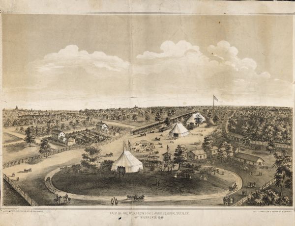 Elevated view of the fairgrounds in Milwaukee, the year when Abraham Lincoln spoke. The fairgrounds were located at the Brockway Grounds near Twelfth and Spring streets. In 1892 the fair was held for the first time on the grounds in West Allis where the fair is currently held.