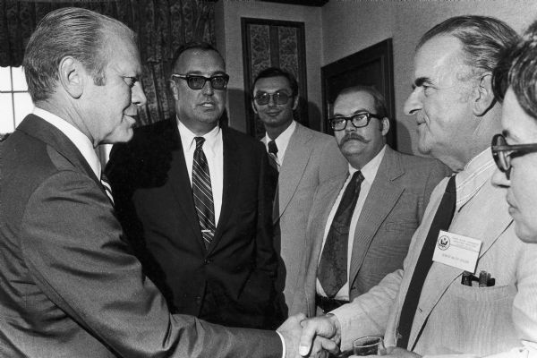 President Gerald Ford shakes hands with Senator Walter J. Chilsen. Chilsen was a Republican state senator from Wausau, 1967-1991. Prominent in committee work on aging, agricultural and rural development, health care, consumer credit reform, and University of Wisconsin system merger. Leader of Senate Republican Caucus, 1967-72.