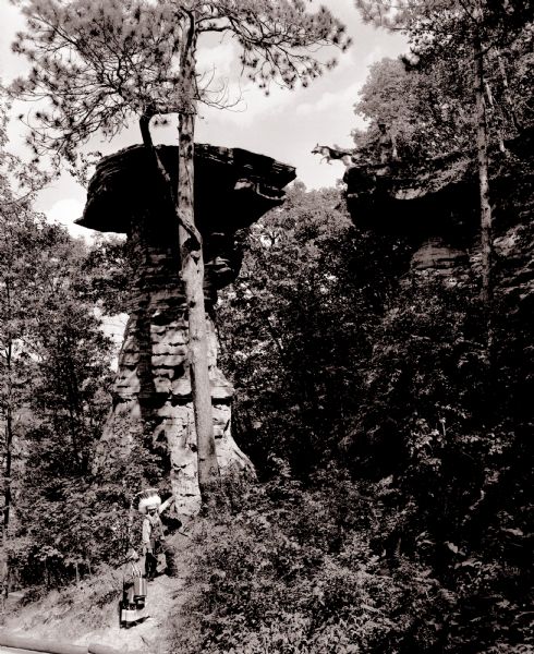 A German shepherd jumps across Stand Rock as a man and child in traditional Indian apparel look on. The man is pointing to the dog.