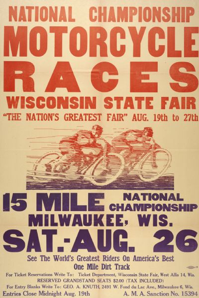 Poster advertising the National Championship Motorcycle Races at the Wisconsin State Fair.