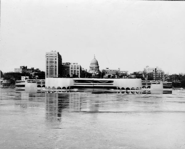 Composite showing how the proposed Monona Terrace Auditorium will look against the Madison skyline.