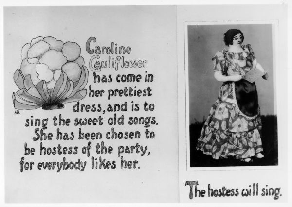 Page from the book "The Garden Party of Vegetable Folks" featuring Caroline Cauliflower, who will sing.
