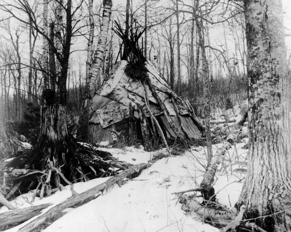 Chippewa (Ojibwa) Indian Wigwam in the winter.