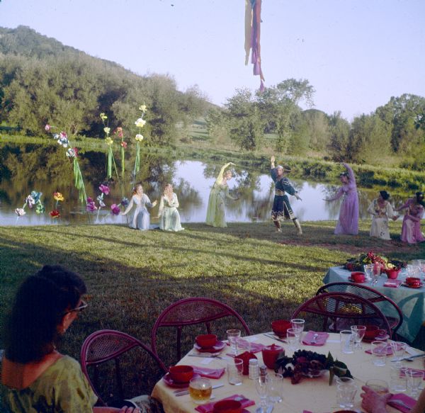 Dancers at a celebration on the grounds at Taliesin. Taliesin was the summer home of Frank Lloyd Wright and the Taliesin Fellowship. Taliesin is located in the vicinity of Spring Green, Wisconsin.