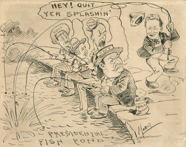 La Follette political cartoon. La Follette and presidential candidates Root, Shaw, Taft, and Fairbanks at a fish pond.