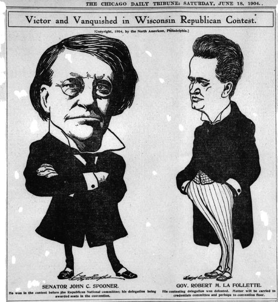 Robert M. La Follette--J.C. Spooner cartoon. " Victor and Vanquished in Wisconsin Republican Contest." Appeared in The Chicago Daily Tribune, June 18, 1904.
