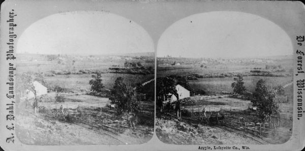 Probably one of the "Three different views of the village of Argyle, Wis." mentioned in Dahl's 1877 "Catalogue of Stereoscopic Views." In the foreground is a farm with a complicated fencing system. A group of farm workers stand at the left and one is in a tree. In the distance Argyle can be seen.