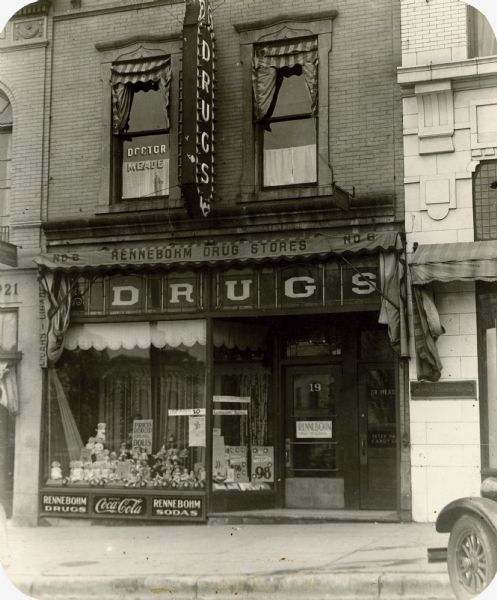 Rennebohm Drug Store #6 at 19 North Pinckney, with a close-up of the front window.