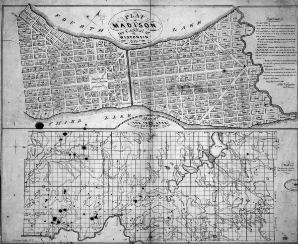 The top map is the "Plat of Madison the Capitol of Wisconsin." The bottom map is the "Map of the Four Lake Country. Taken from the Township Maps in the U.S. Land Office."