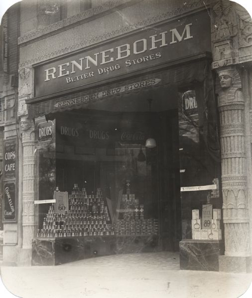 Close-up of the Rennebohm Drug Store #3, 13 West Main Street, showing some of the Egyptian details of the Art Deco-style Levitan Building in which the store was located.