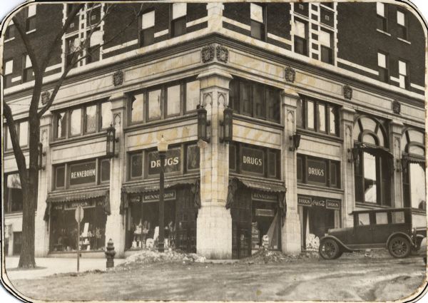 Rennebohm Drug Store #4 located in the first floor of the Hotel Loraine  at 123 West Washington Avenue. Rennebohm added this store to his chain in 1925.