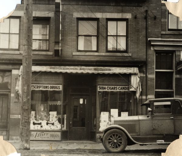 Exterior view of Fred Rennebohm's drugstore, 1951 Winnebago Street.