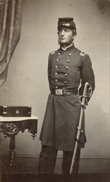 Carte-de-visite portrait of Lucius Fairchild in his uniform as lieutenant colonel of the 2nd Wisconsin Infantry by the Brady studio.