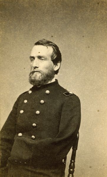 Photograph of Lucius Fairchild of the 2nd Wisconsin made by Mathew Brady in Washington, D.C. about three months after the Battle of Gettysburg. Severely wounded during the battle, Fairchild was briefly captured, but paroled by the Confederates. Clearly still recovering from the amputation of his left arm, Fairchild went to Washington in October, 1863 to receive his promotion to brigadier general and to resign from the Army to run for political office in Wisconsin.