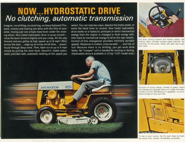 Page from a brochure advertising the International Cub Cadet Hydrostatic 123 lawn and garden tractor.  Extols the virtues of the automatic transmission, also called a hydrostatic drive. The color illustration shows a man on a Cub Cadet tractor.